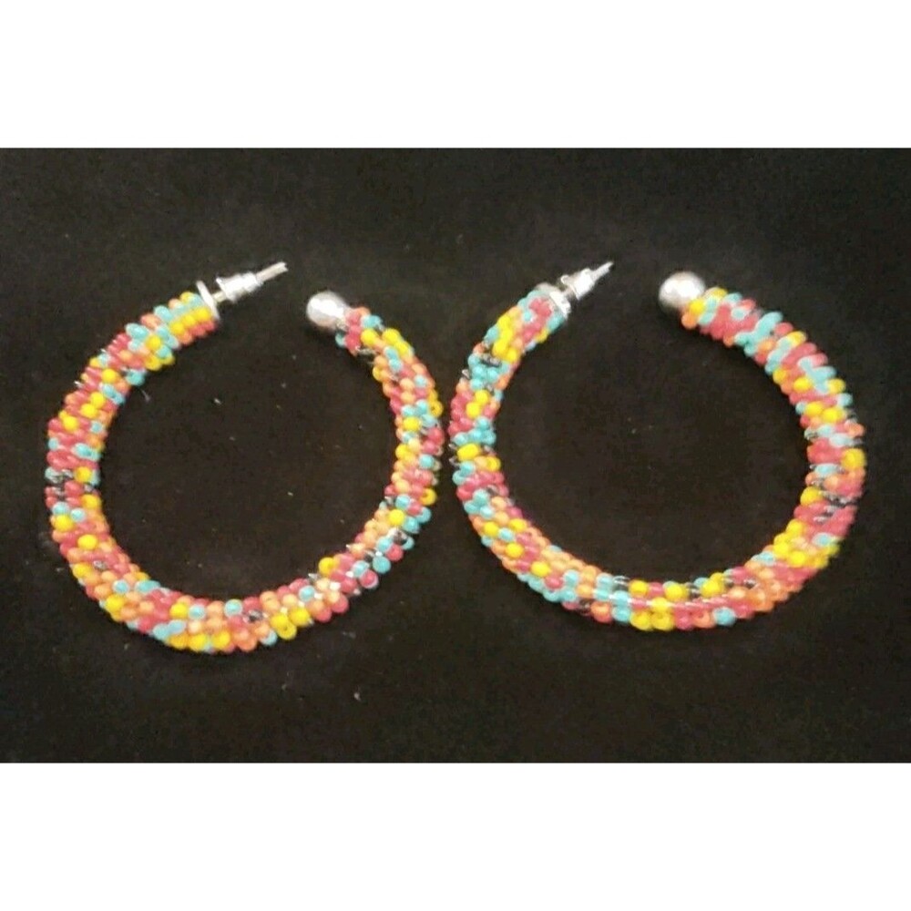 Multi Color Bead Hoop Earrings 2" Pierced